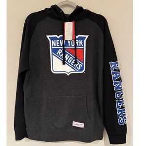New York Rangers Mitchell & Ness Distressed Logo Raglan‎ Hoodie Heather Black, M